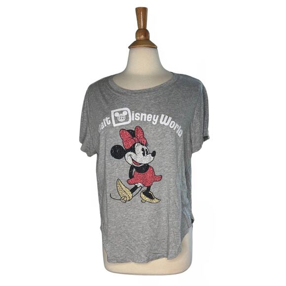 Disney World Minnie Mouse Gray and Red Graphic Tee Short Sleeve Bedazzled Soft - Picture 1 of 10